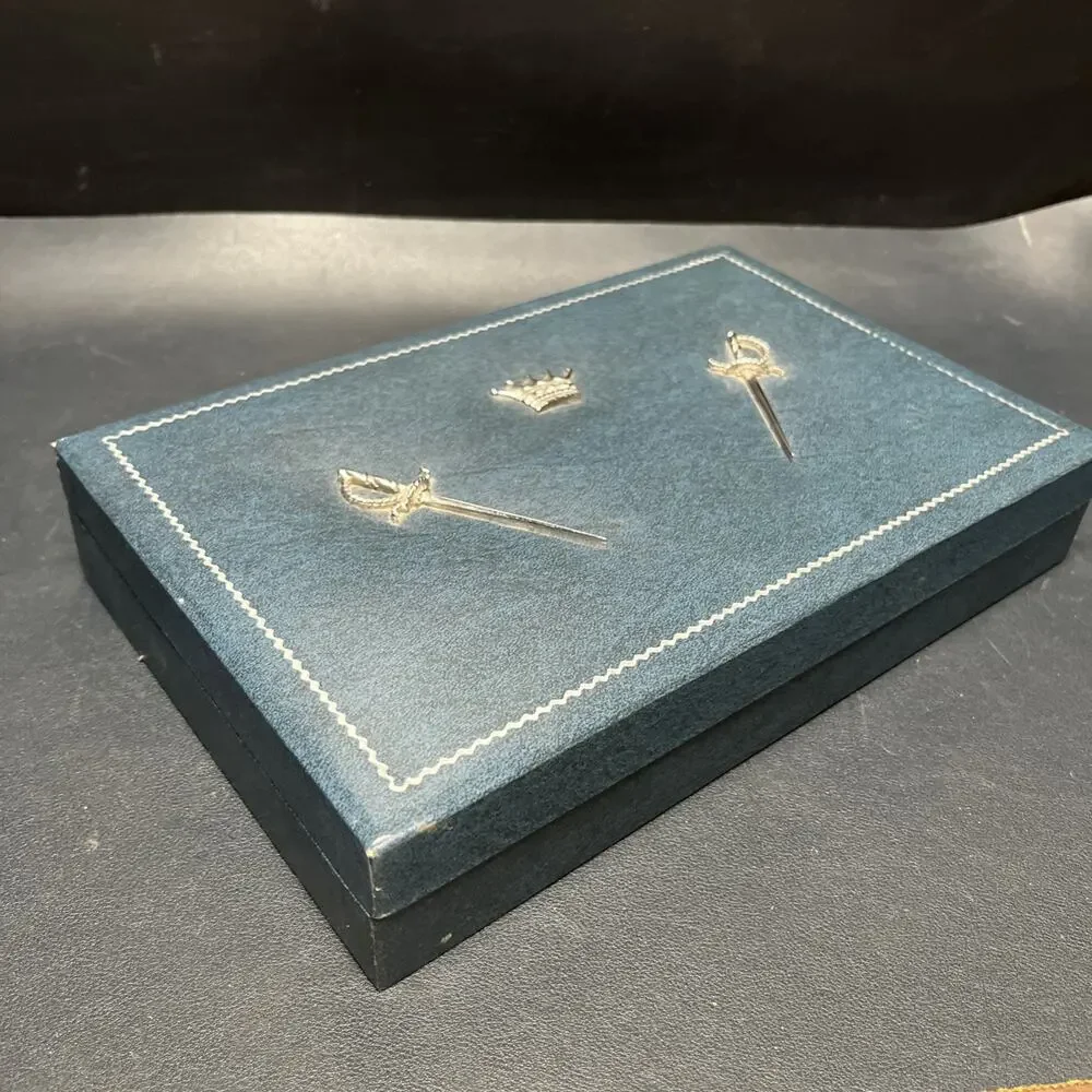 Vintage Dante Mens Jewelry Box Valet Box Faux Blue Leather, Swords & Crown